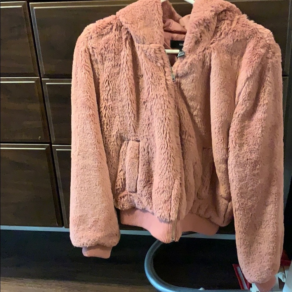 Pink faux fur hooded jacket